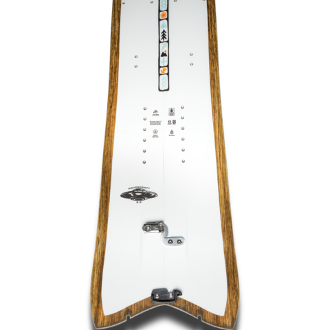 White splitboard snowboard top view with bindings and measurement/label markings