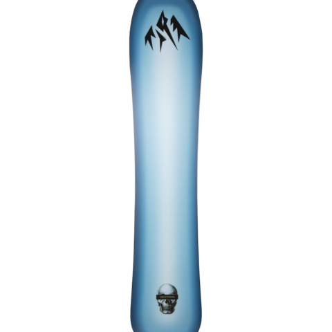 Blue snowboard deck with mountain-style logo and base hardware insert