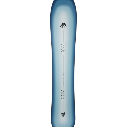Blue snowboard deck with tail graphic, vertical markings, and hardware insert