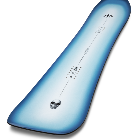 Blue snowboard with long center line, mountain logo, and base hardware insert
