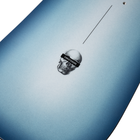 Blue snowboard base with close-up hardware insert and central line detail