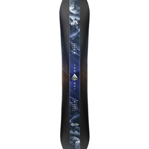 Black snowboard with blue mountain graphic and patterned sidewalls, twin-tip
