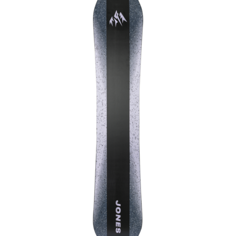 Black snowboard base with JONES logo and vertical blue mountain graphic