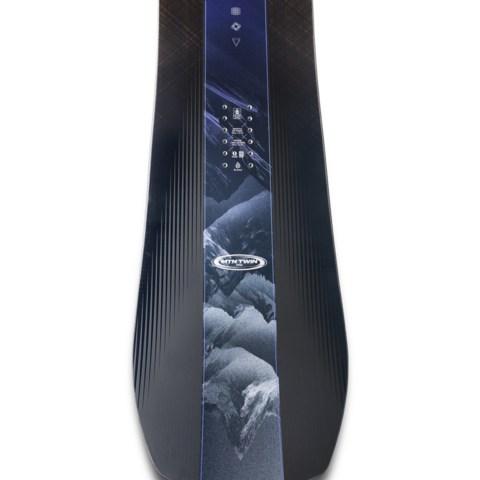 Black snowboard top with blue center stripe, small icon graphics, mountain scene