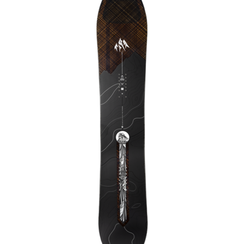Freestyle snowboard with brown plaid tip and black graphic dagger center panel