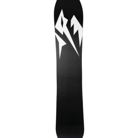 Freestyle snowboard with black deck and large white geometric lightning graphics