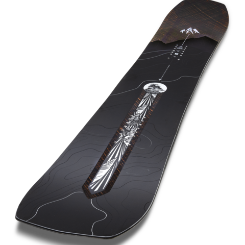 Freestyle snowboard with brown plaid tip and black deck with long dagger graphic
