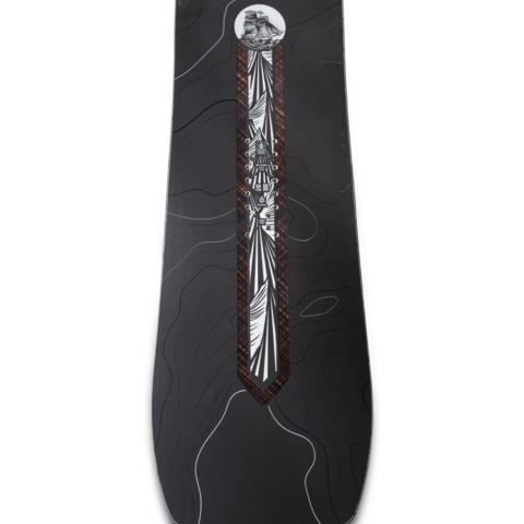 Freestyle snowboard deck with central dagger illustration on black contour lines