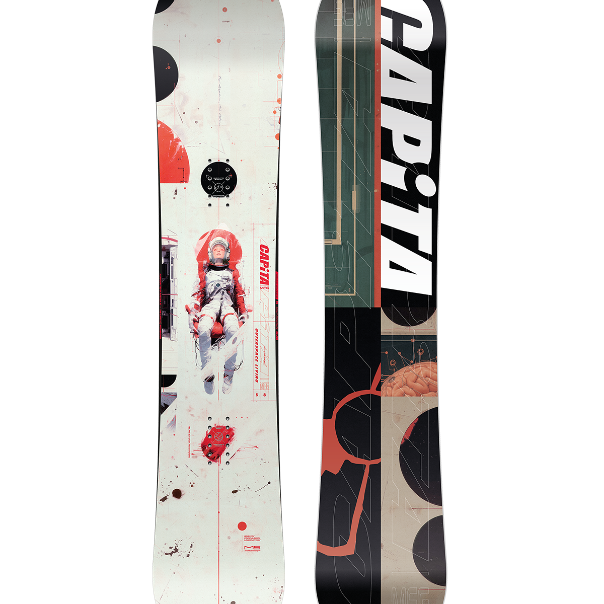 CAPiTA Outerspace Living Snowboard 2026 - A white snowboard with red and black accents, featuring a person in a space suit on its top surface.