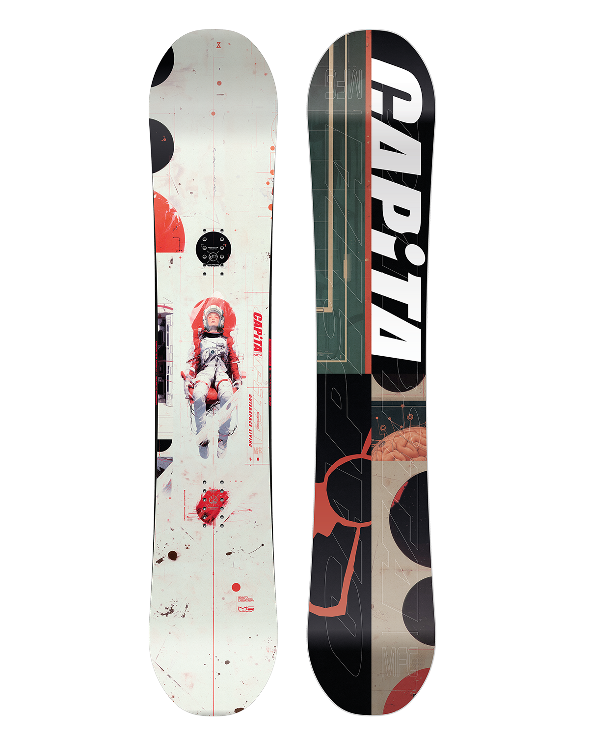 CAPiTA Outerspace Living Snowboard 2026 - A white snowboard with red and black accents, featuring a person in a space suit on its top surface.
