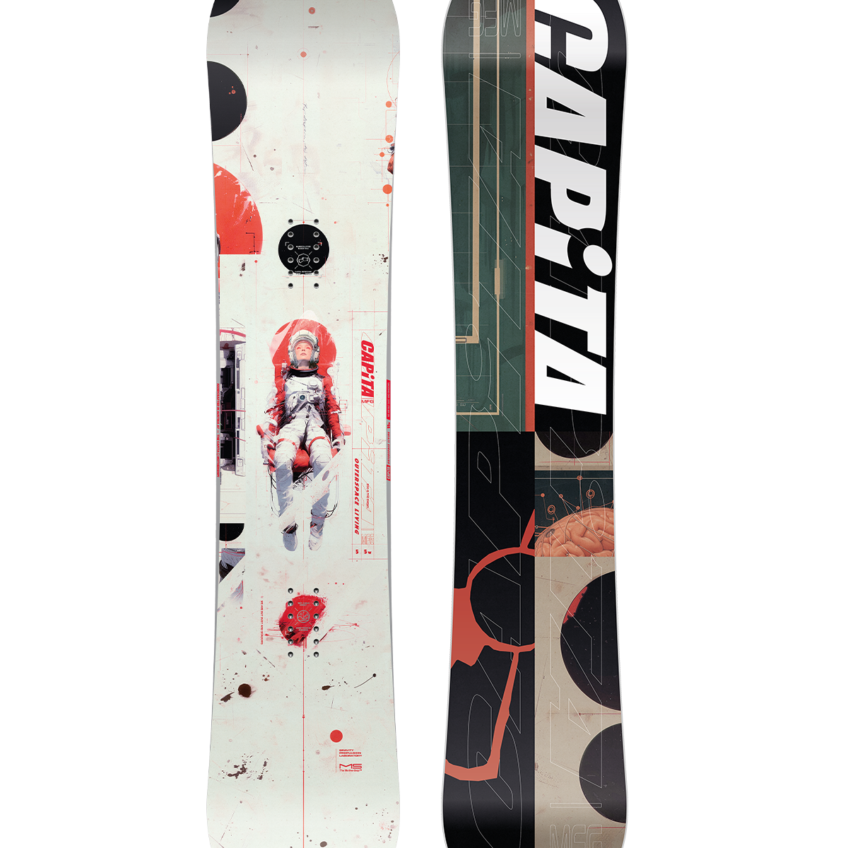 CAPiTA Outerspace Living Snowboard 2026 - A white snowboard with red and black accents, featuring a person in a space suit on the top half.