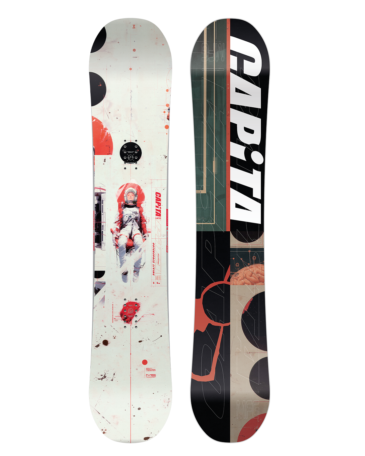 CAPiTA Outerspace Living Snowboard 2026 - A white snowboard with red and black accents, featuring a person in a space suit on the top half.