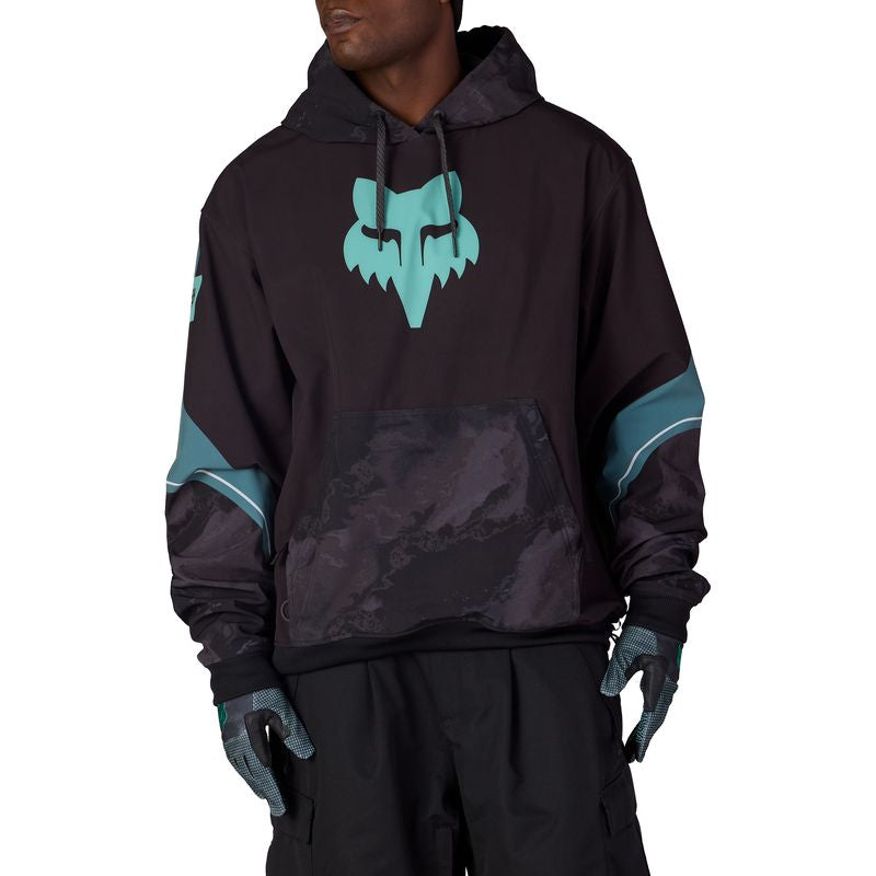 Waterproof team hoody in dark with teal sleeve panels, hood, front pouch pocket