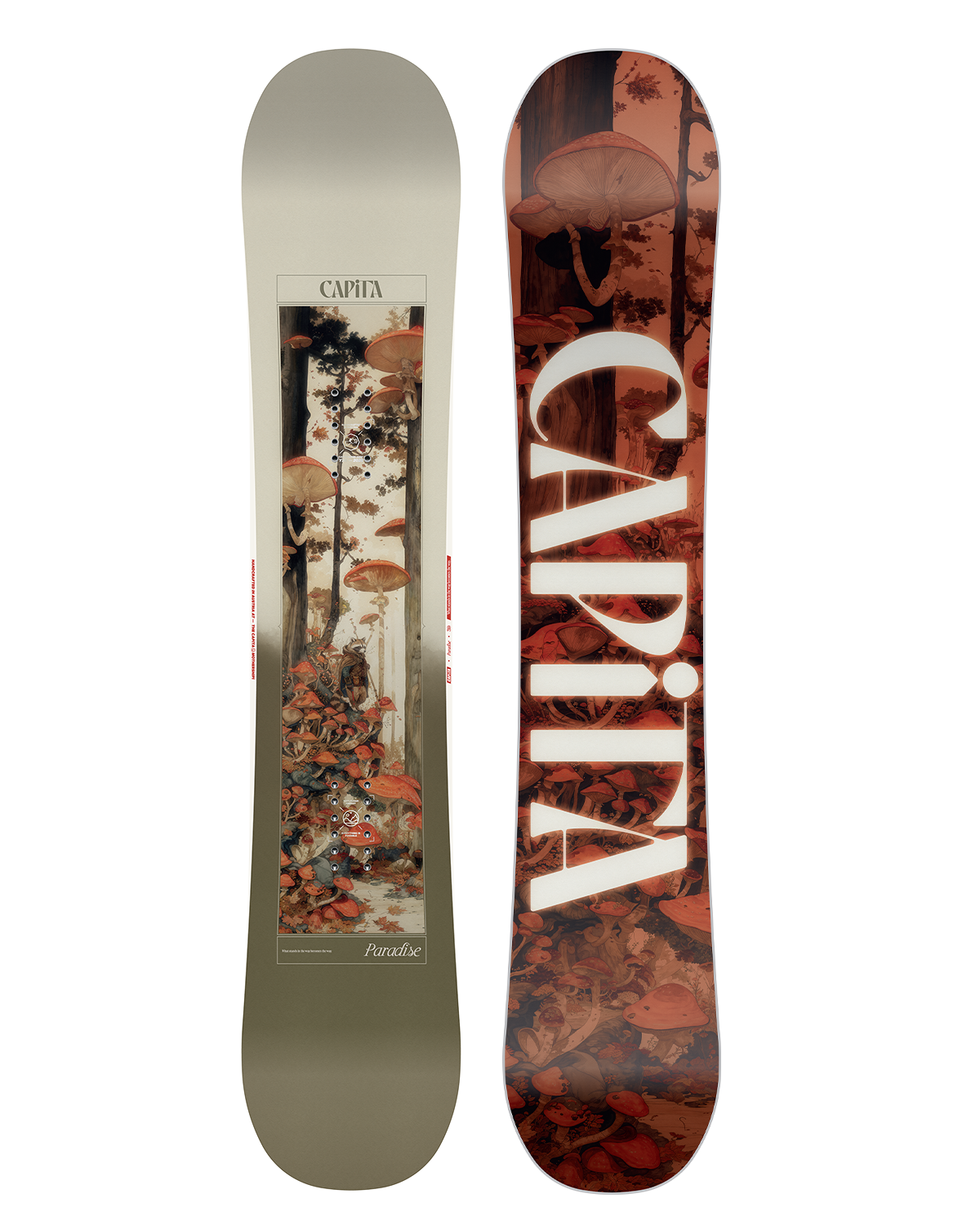CAPITA Women's Paradise Snowboard 2026 - A snowboard with a white base and a colorful, abstract design featuring trees, flowers, and other natural elements.