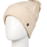 Roxy Women's Peak Chic Beanie 2025 - A cream-colored beanie with a subtle knit pattern and a small, round silver button on the side.