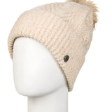 Roxy Women's Peak Chic Beanie 2025 - A cream-colored beanie with a subtle knit pattern and a small, round silver button on the side.