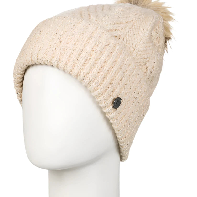 Roxy Women's Peak Chic Beanie 2025 - A cream-colored beanie with a subtle knit pattern and a small, round silver button on the side.