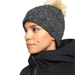 Roxy Women's Peak Chic Beanie 2025 - A heathered grey beanie with a tan faux fur pom-pom on top.