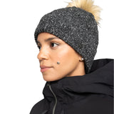 Roxy Women's Peak Chic Beanie 2025 - A heathered grey beanie with a tan faux fur pom-pom on top.