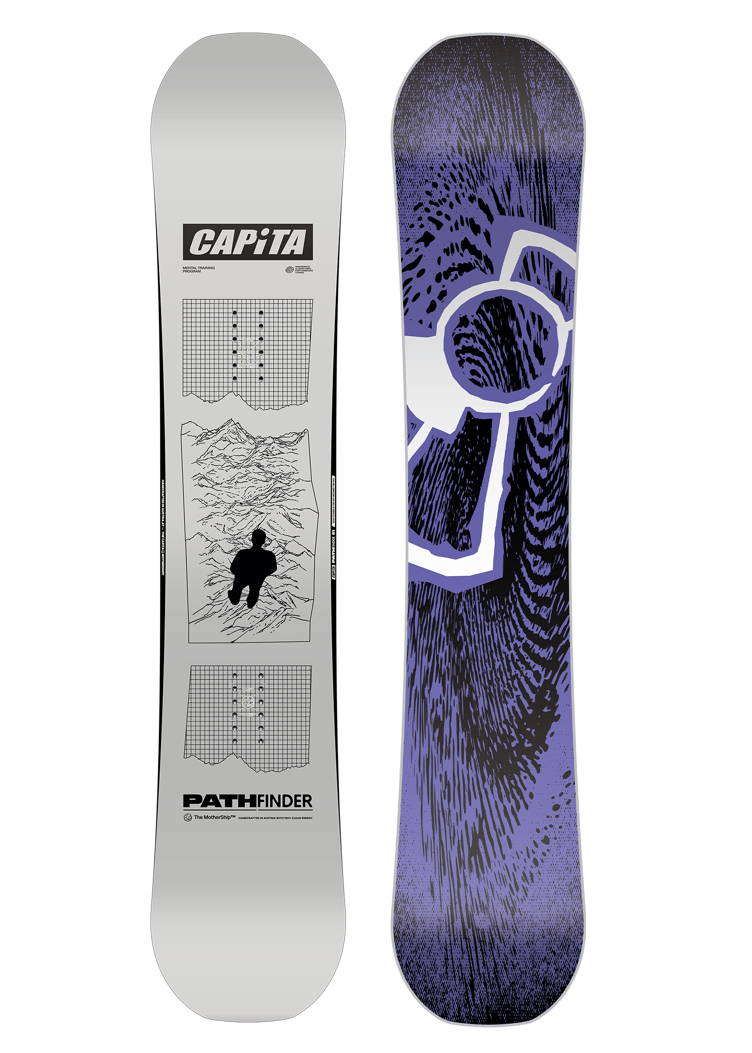 CAPiTA Pathfinder Snowboard - A snowboard with a black background featuring white and gray abstract shapes.