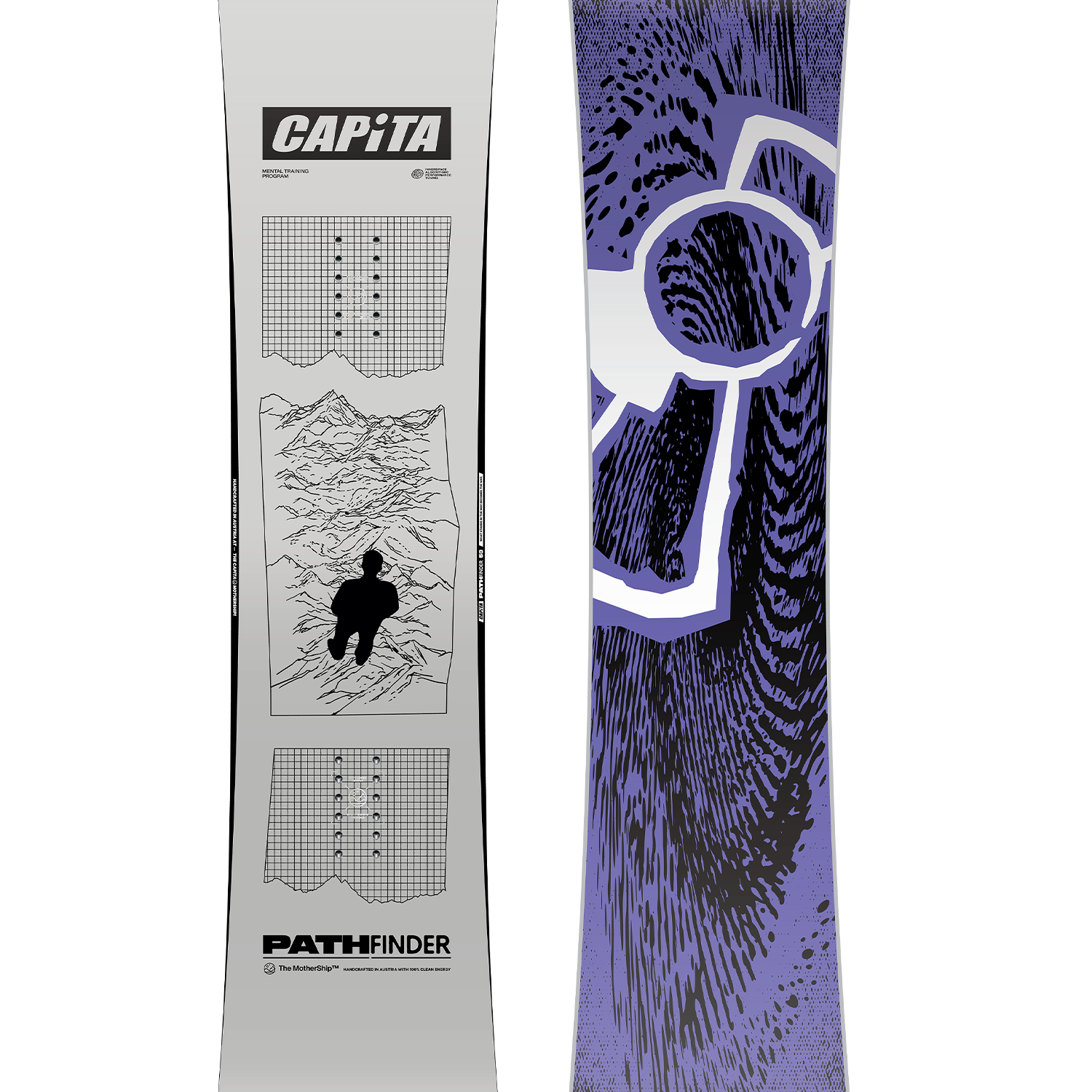 CAPiTA - Pathfinder Snowboard 2026 is a snowboard with a light gray background and black lines forming a grid pattern on top of mountains.