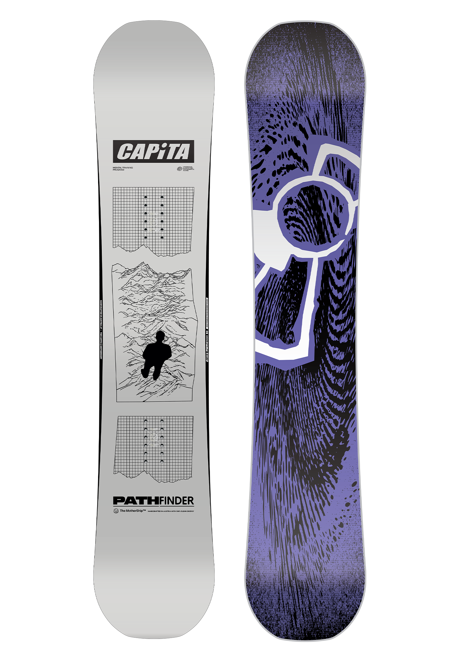 CAPiTA - Pathfinder Snowboard 2026 is a snowboard with a light gray background and black lines forming a grid pattern on top of mountains.