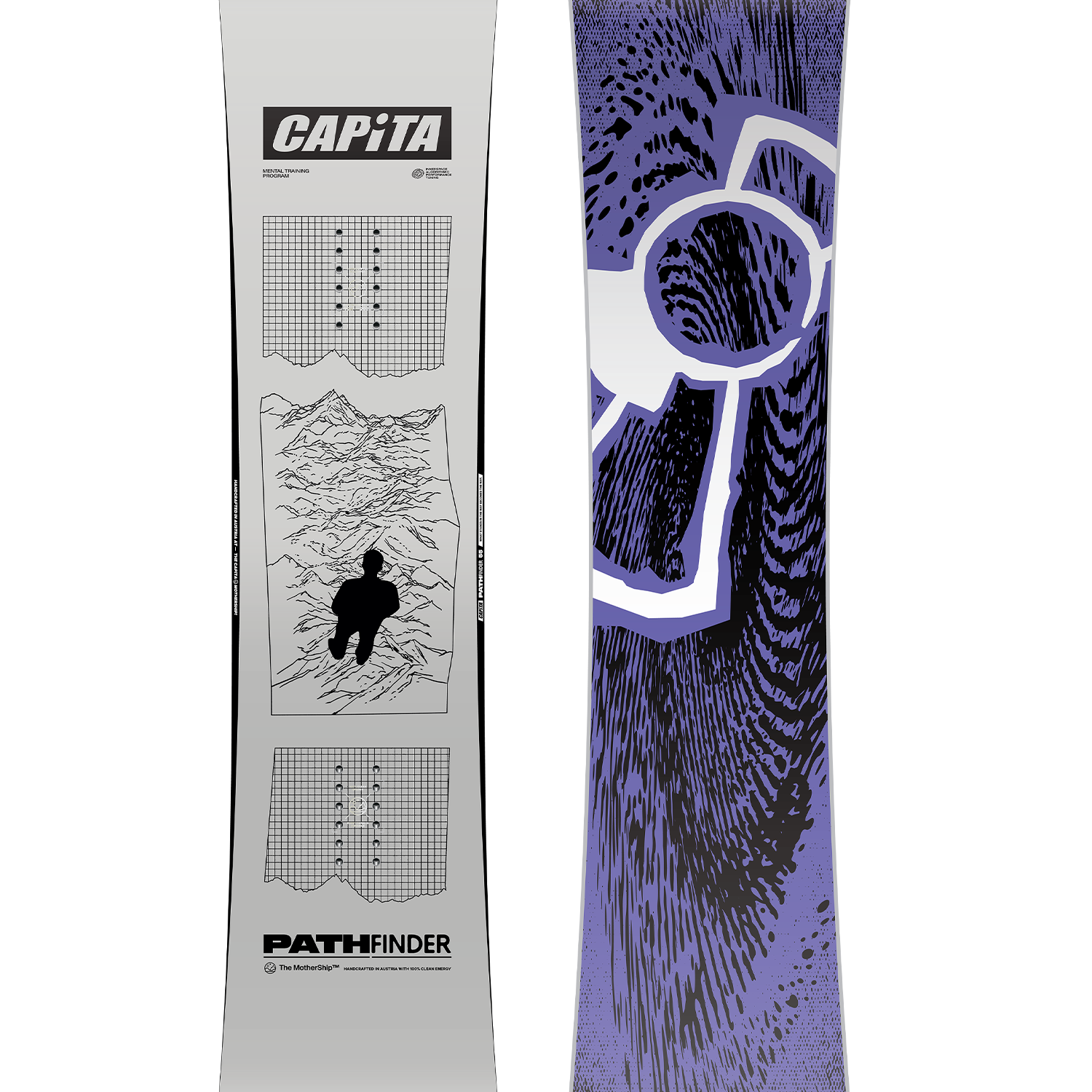 CAPiTA - Pathfinder Snowboard 2026 is a snowboard with a light gray background and black lines forming a grid pattern on top of mountains.