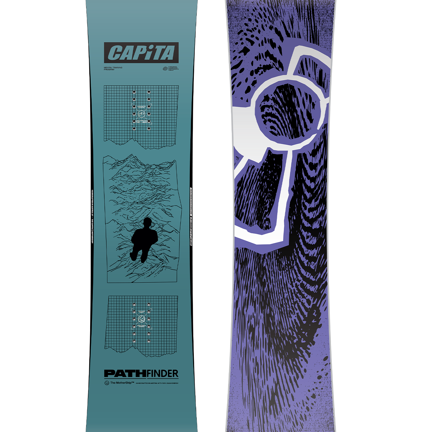 CAPiTA - Pathfinder Snowboard 2026 is a light blue snowboard with a black and white logo on top.