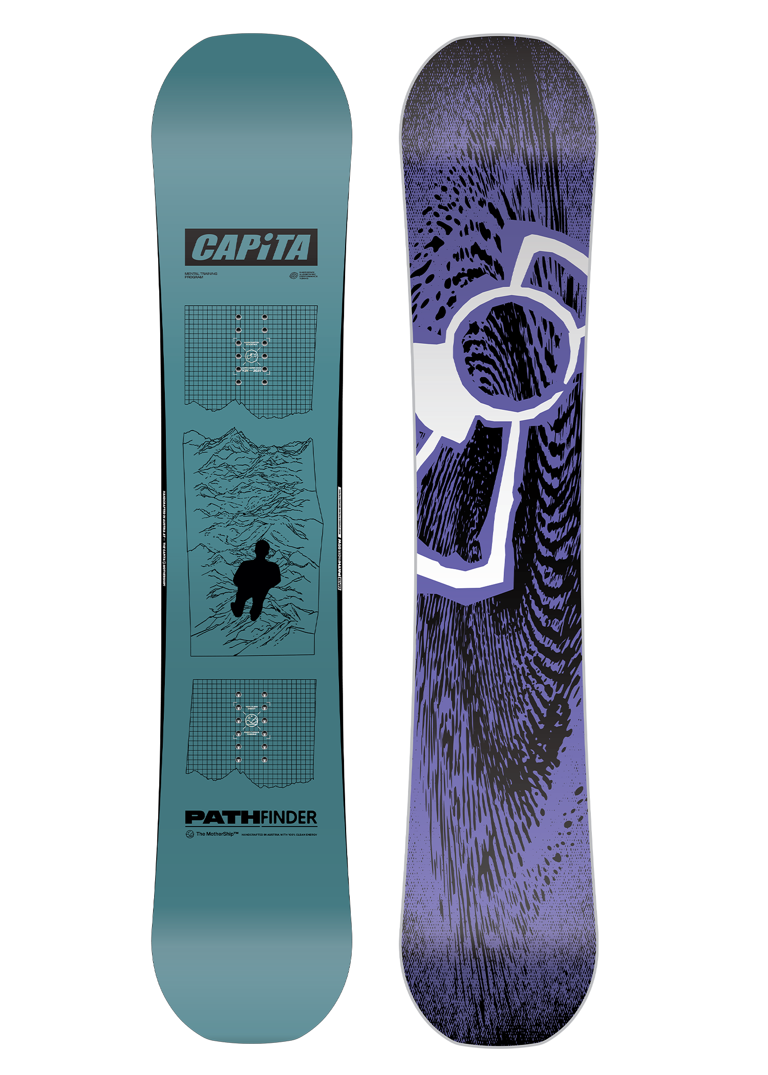CAPiTA - Pathfinder Snowboard 2026 is a light blue snowboard with a black and white logo on top.