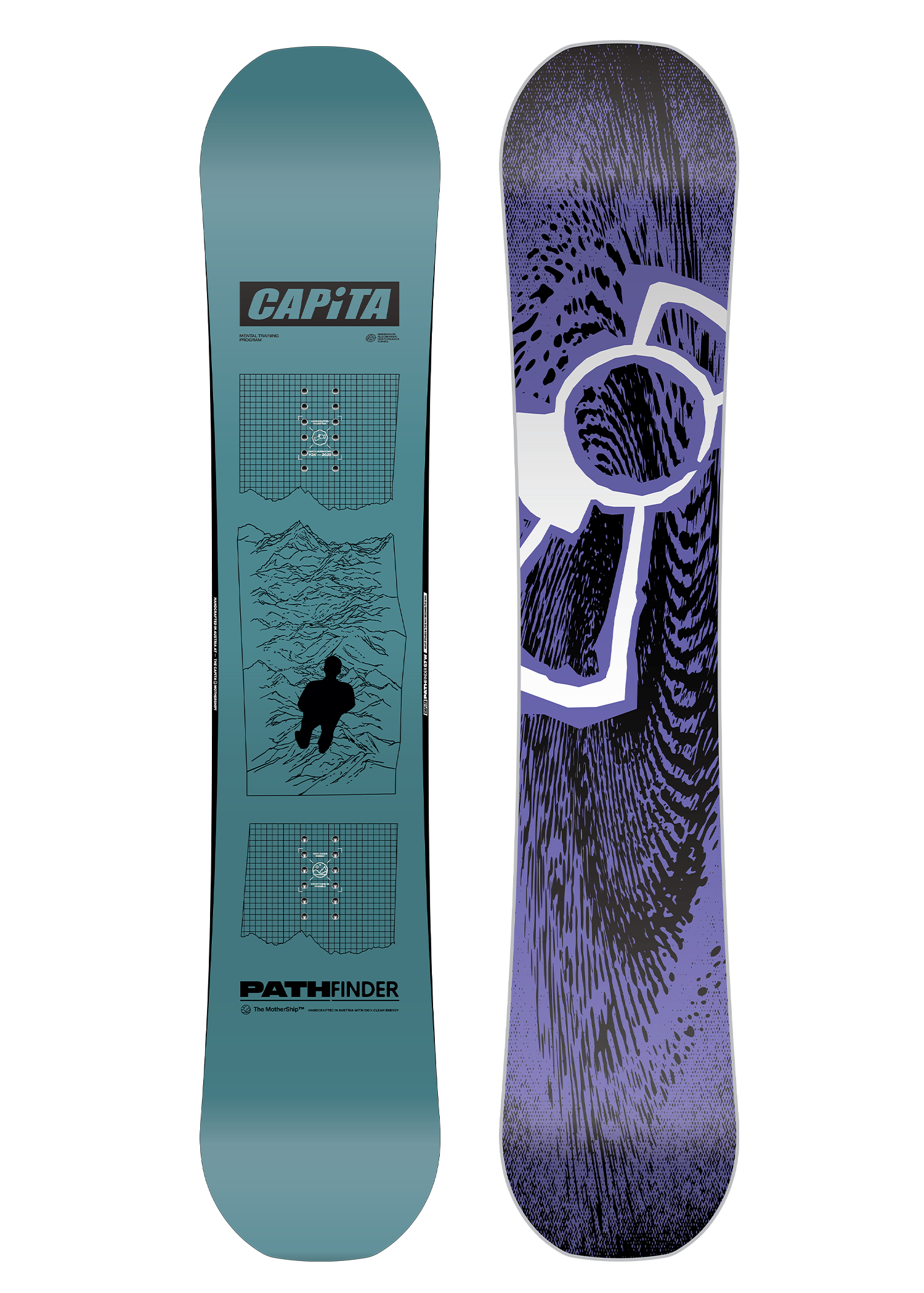 CAPiTA Pathfinder Snowboard - A light blue snowboard with a black logo and white lettering that reads "Pathfinder".
