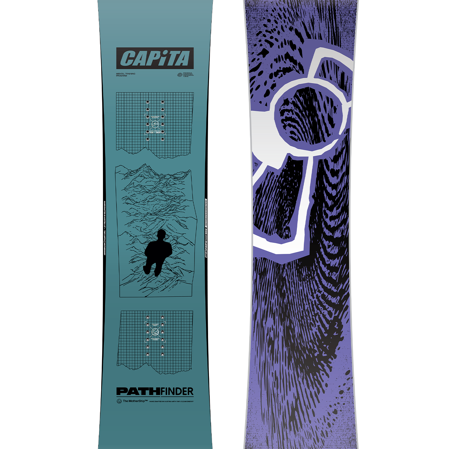 CAPiTA Pathfinder Snowboard - A light blue snowboard with a black logo and white lettering that reads "Pathfinder".