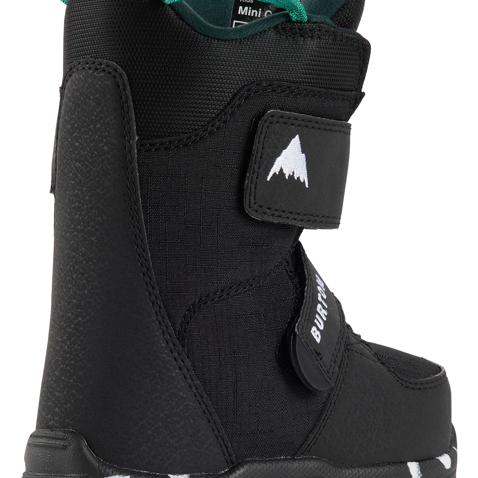 Kids mini grom snowboard boots, black upper with teal collar and mountain emblem