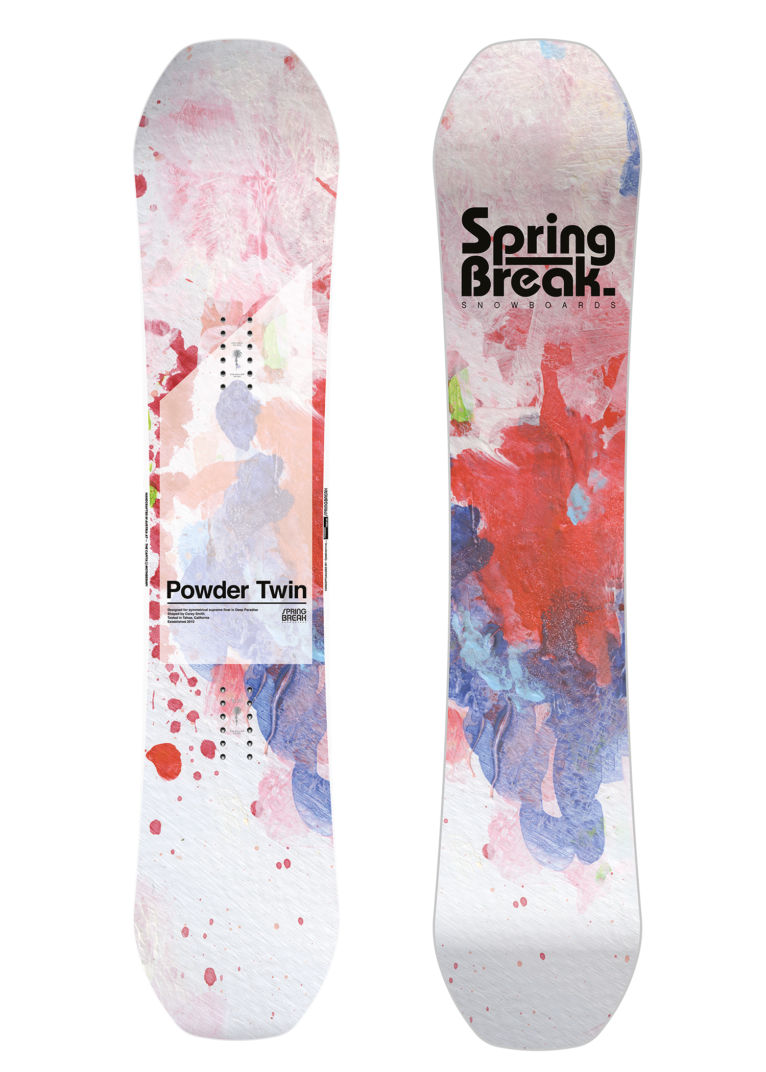 CAPiTA Spring Break Powder Twin Snowboard 2026 - A white snowboard with a pink and blue abstract design, featuring a red splatter pattern on the top sheet.