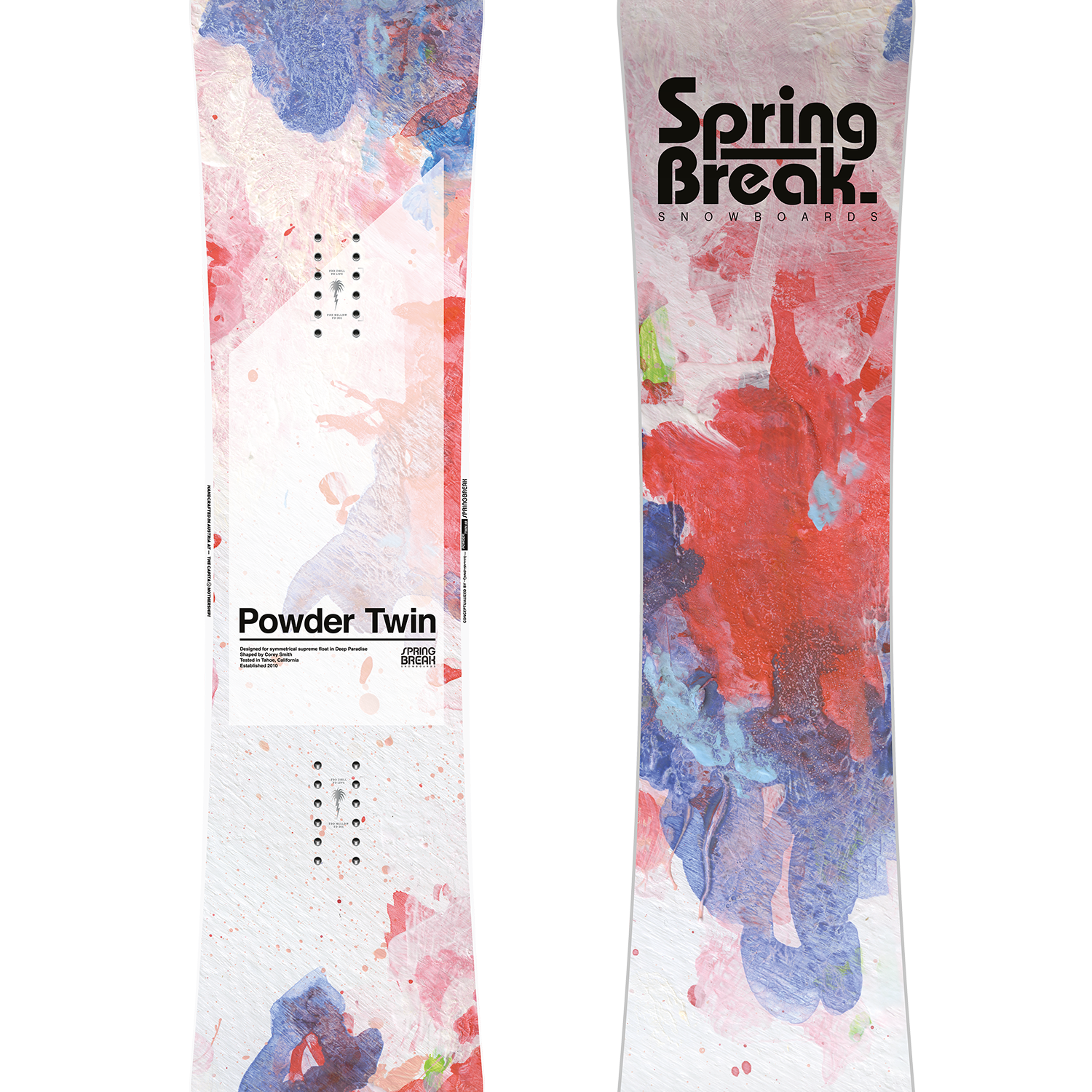 CAPiTA Spring Break Powder Twin Snowboard 2026 - A white snowboard with a blue and red abstract design on top of a light gray background.