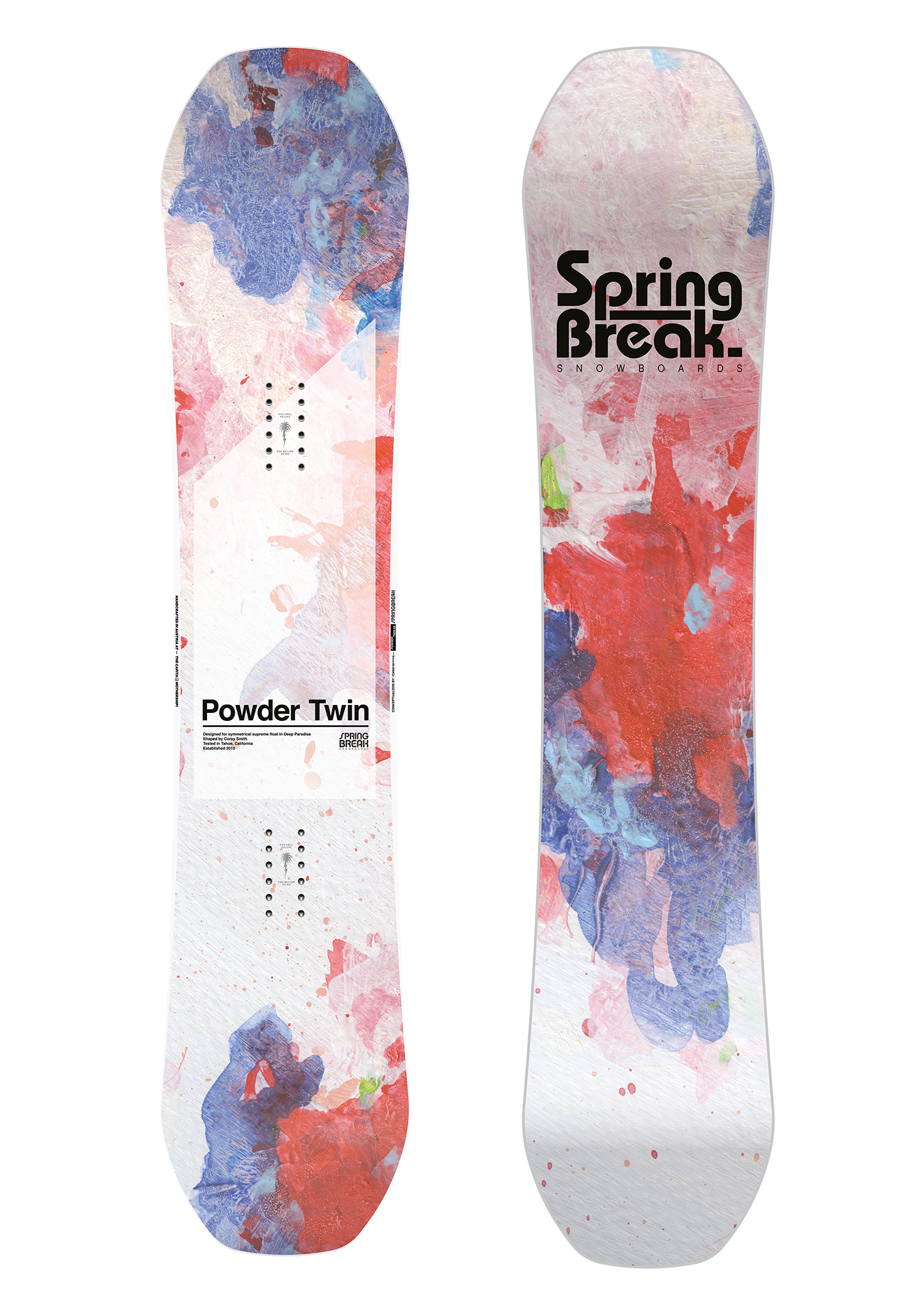 CAPiTA Spring Break Powder Twin Snowboard 2026 - A white snowboard with a blue and red abstract design on top of a light gray background.