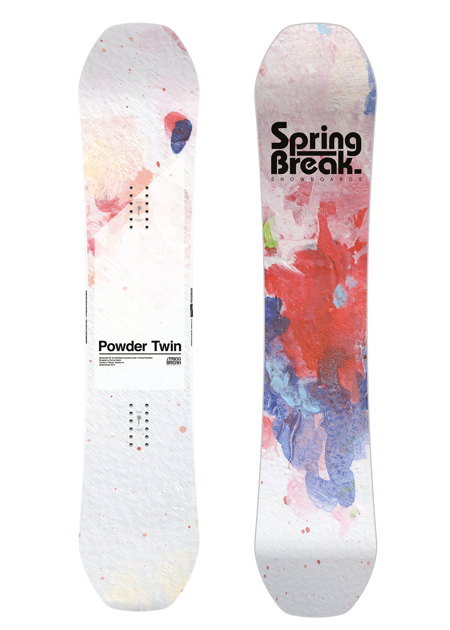 CAPiTA Spring Break Powder Twin Snowboard 2026 - A white snowboard with a pink and blue abstract design on top of it.