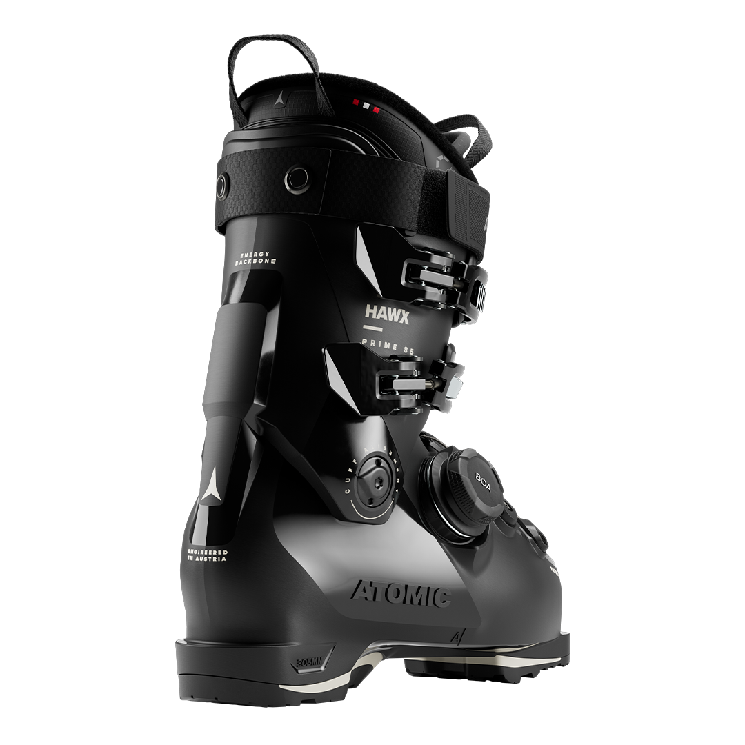 Atomic Women's Hawx Prime 85 BOA - Black ski boots with white accents and a sleek, modern design.