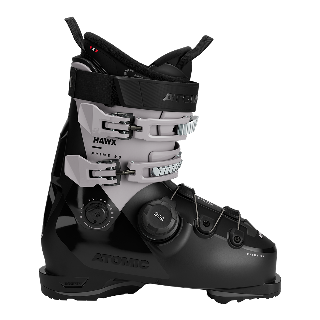 Atomic Women's Hawx Prime 95 BOA - A black and gray ski boot with a white logo on the side, featuring a BOA closure system.