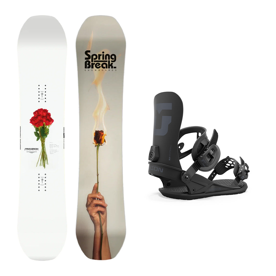 CAPiTA Spring Break Powder Twin Snowboard with Men's Union Strata Snowboard Bindings 2025 - A white snowboard with a bouquet of red roses on the left side.