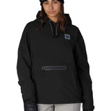 Women's black waterproof pullover hoodie with adjustable hood and front kangaroo pocket