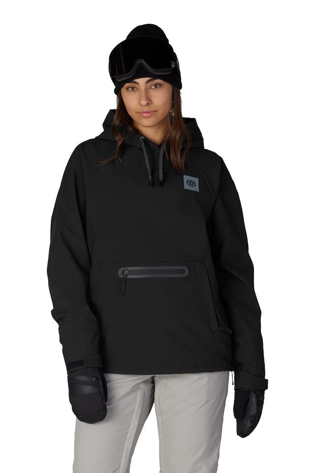 Women's black waterproof pullover hoodie with adjustable hood and front kangaroo pocket
