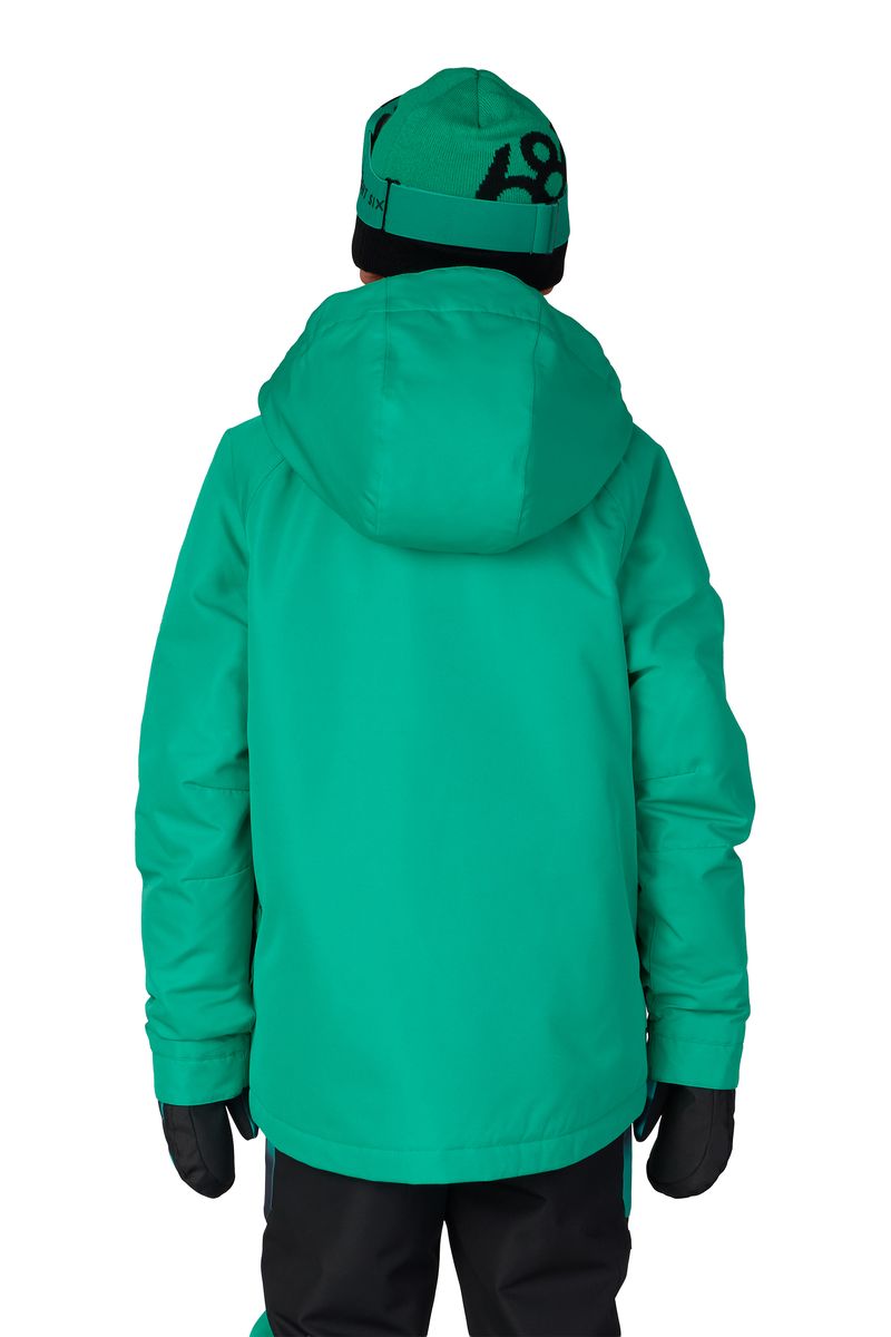 Boys' teal insulated jacket, back view, hood and black hem with zip front