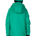 Boys' teal insulated jacket, back view, hood and black hem with zip front
