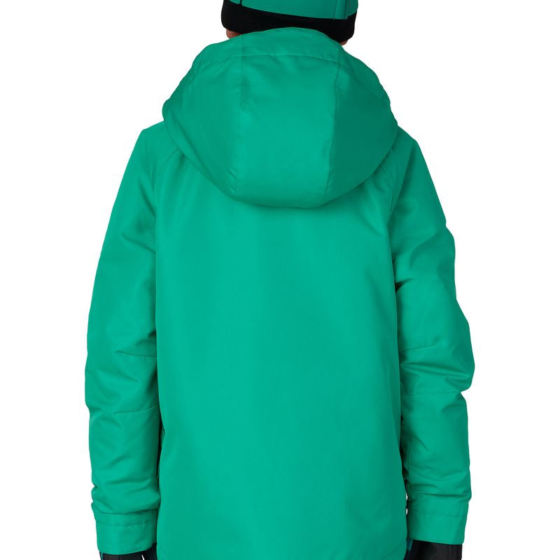 Boys' teal insulated jacket, back view, hood and black hem with zip front