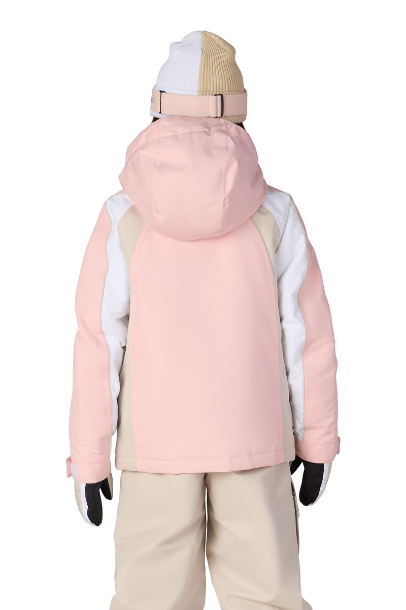 Girls' insulated hooded jacket, light pink back view with beige inner panels