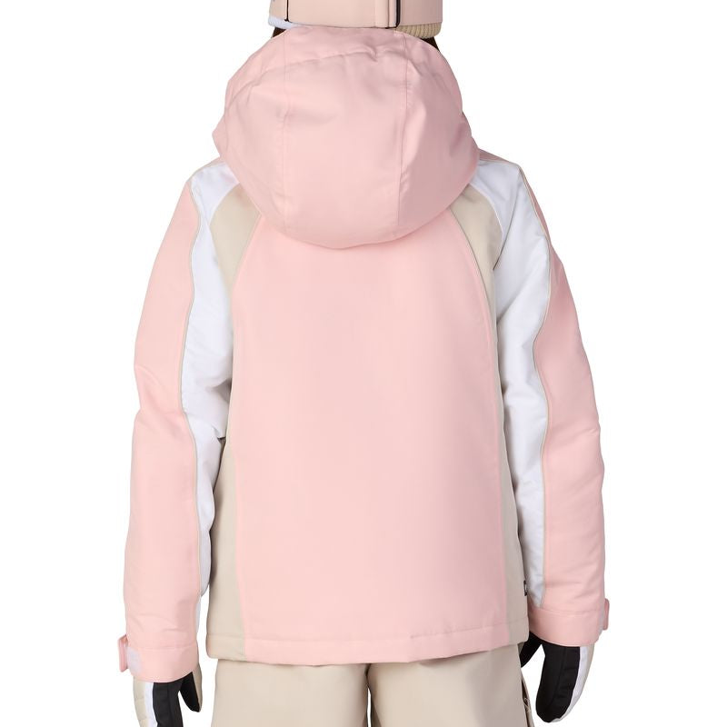 Girls' insulated hooded jacket, light pink back view with beige inner panels