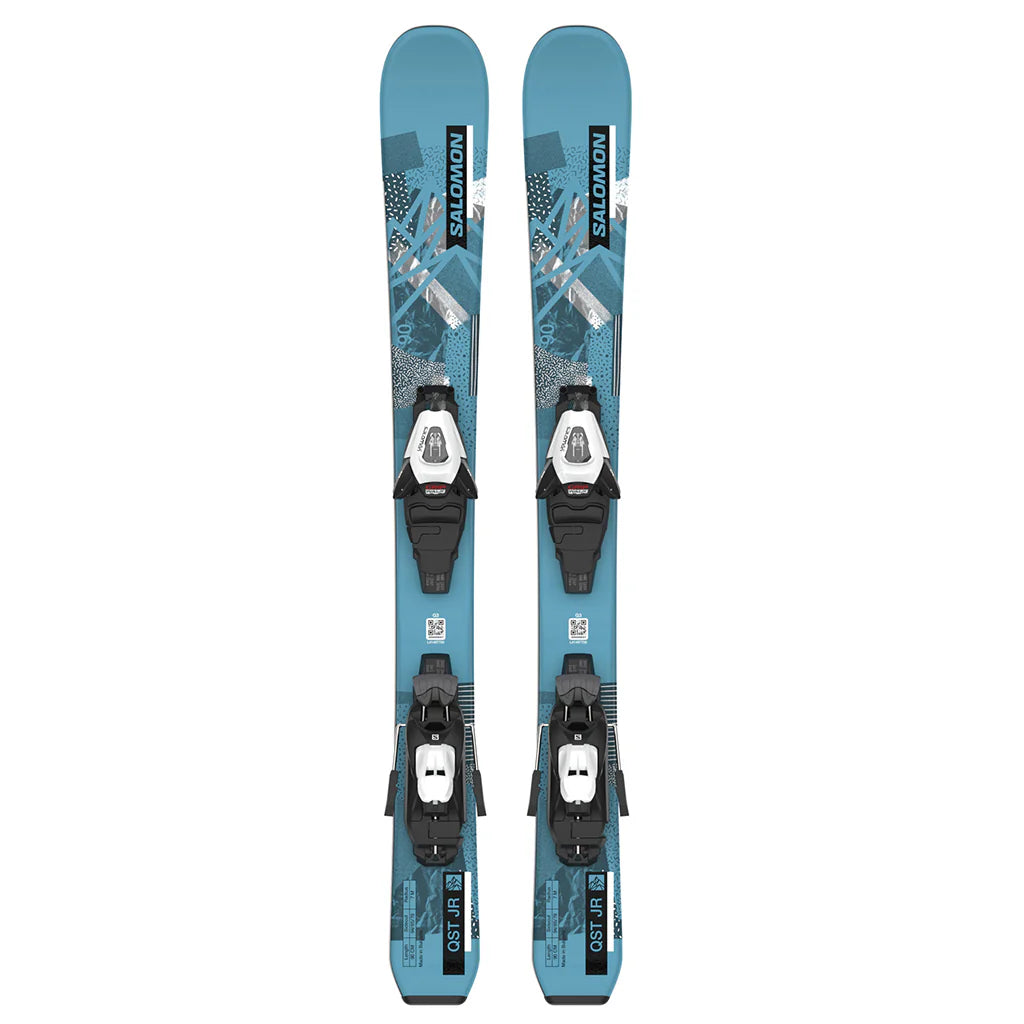 Salomon Junior QST with C5 System Ski Bindings 2024 - A blue ski with a white pattern and black bindings.