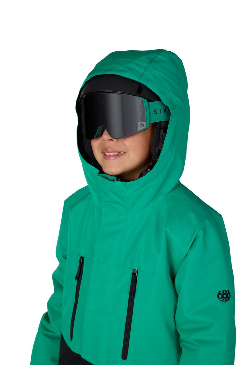 Boys' teal insulated jacket with hood, two zip pockets, front close-up