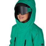 Boys' teal insulated jacket with hood, two zip pockets, front close-up