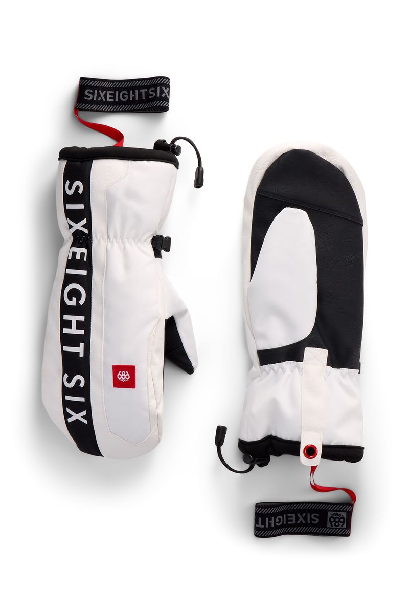 Merino ski mittens in white with black palms and cuffs, pull-on wrist strap